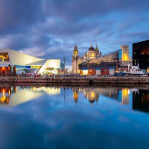 Wide angle view of iconic landmarks on the Liverpool waterfont, taken at dusk. Liverpool, England.